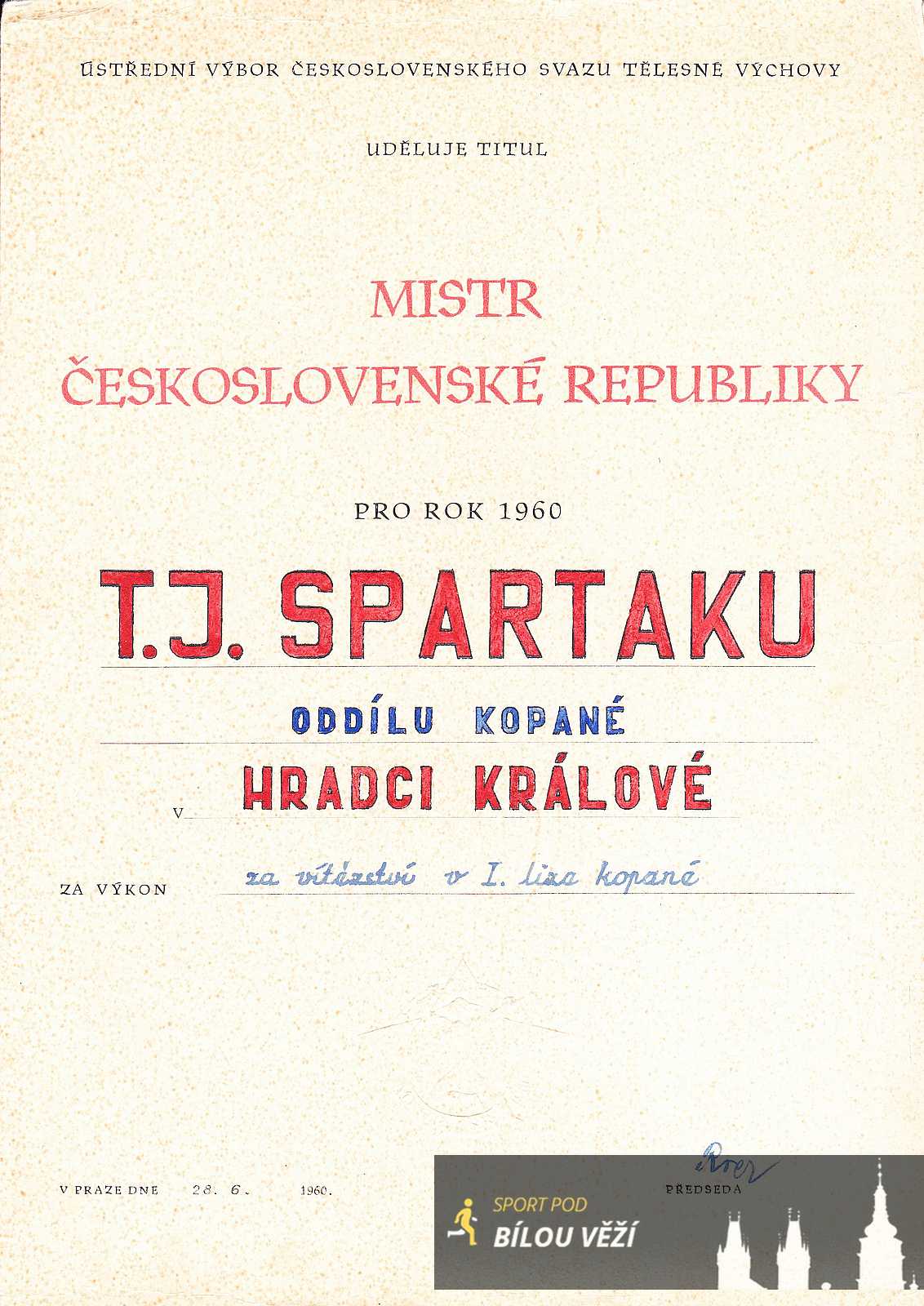 Spartak Hradec Králové - diplom pro Mistra ligy 1959 - 60
